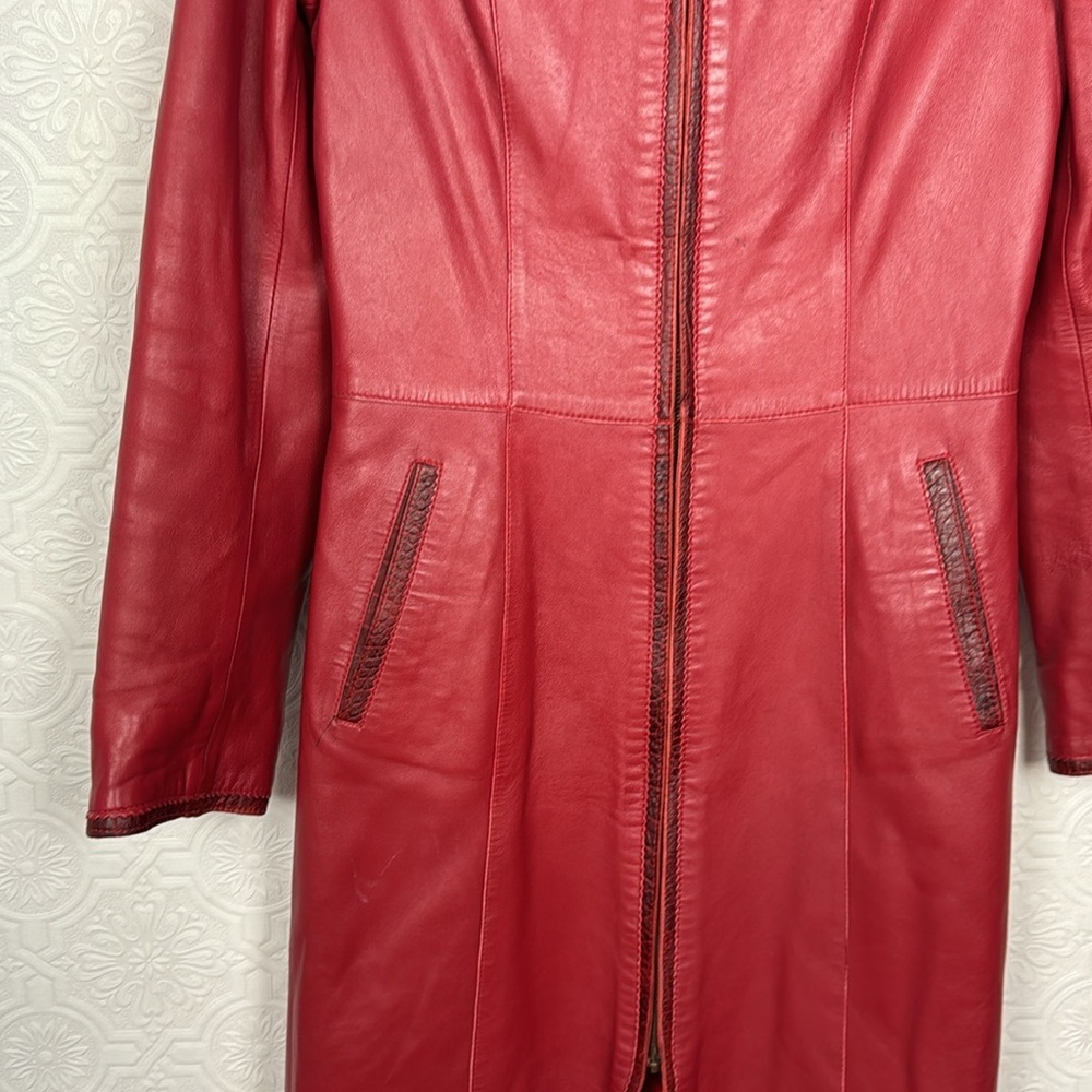 Vintage Retro Red Leather Jacket Longline Trench Old School 90s‎ Y2K Spice Girls - Picture 4 of 14